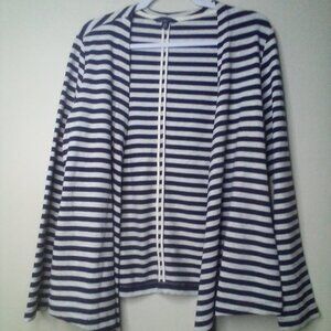 Lands' End Open Cardigan Women M 10-12 Long Sleeve Stripe Blue White
